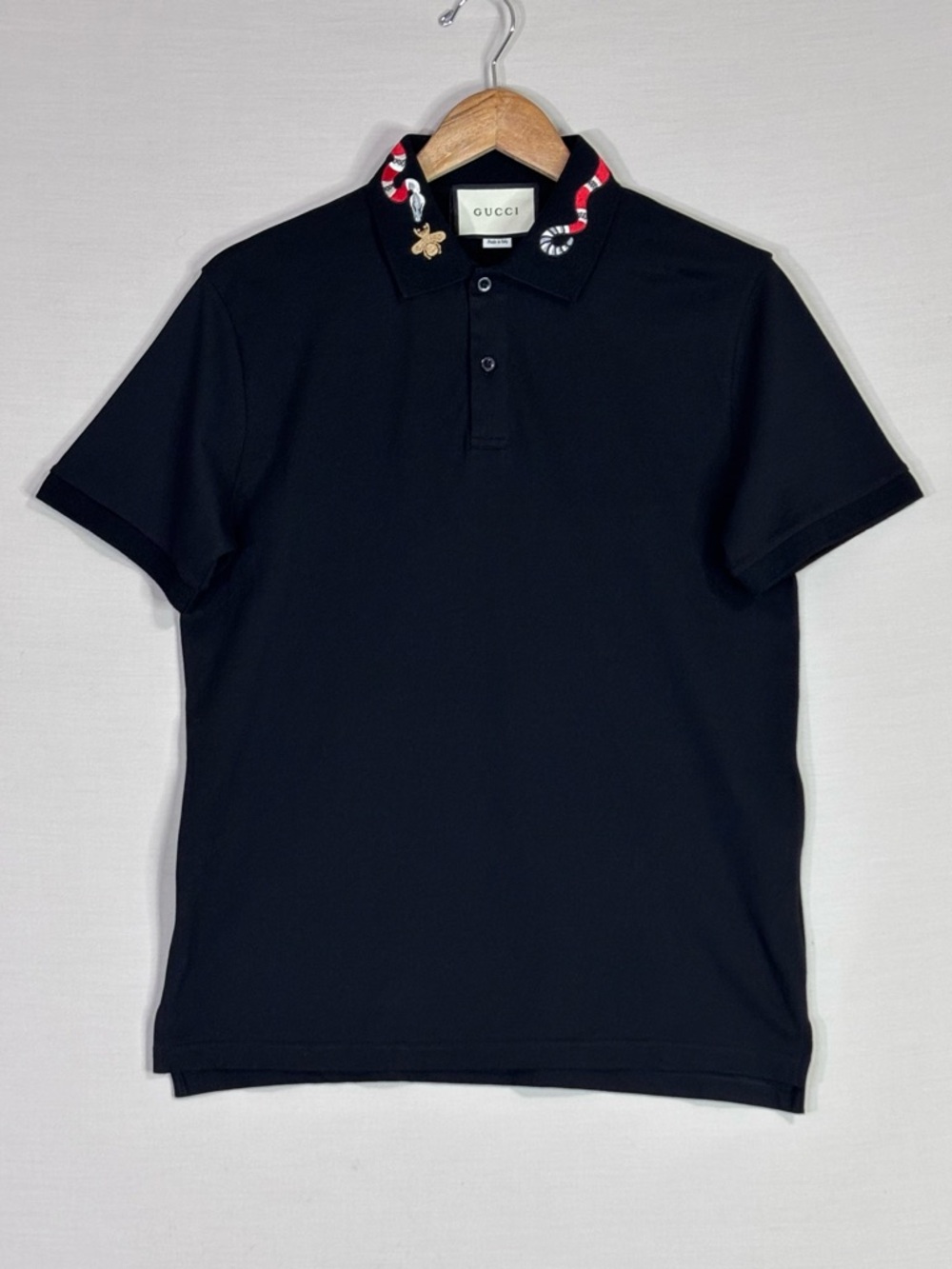 Gucci Black Polo with Red & White Snake Collar and Gold Bee Detail